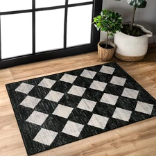 Moroccan Trellis Area Rug - 2X3 Printed Small Black Checkered Entryway Rug Non S