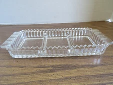 Clear Glass Handled 10" Three Section Rectangular Relish Dish w/ Saw-Tooth Edge