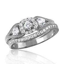 Sterling Silver 2-pcs Engagement Wedding CZ Stones Designed Ring Set