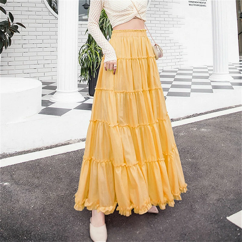 WOMENS LONG SKIRT Beige Ruffle Cotton Full Circle Long Maxi Skirt Comfortable  Elastic Waist Dress Flowy Boho Bohemian Skirts 