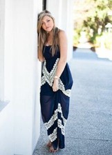 JUDITH MARCH LACE & CHIFFON NAVY BLUE STRAPLESS MAXI DRESS~MEDIUM