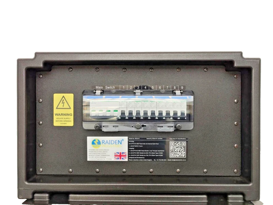 Raiden Power Distribution Box 32A 3 Phase Distro IP44 MCB 32Amp With RCBO - Image 2 of 4
