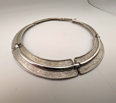 MONET Silver-Tone Multi-Panel Collar Necklace, Signed, No Stone, Hook Closure
