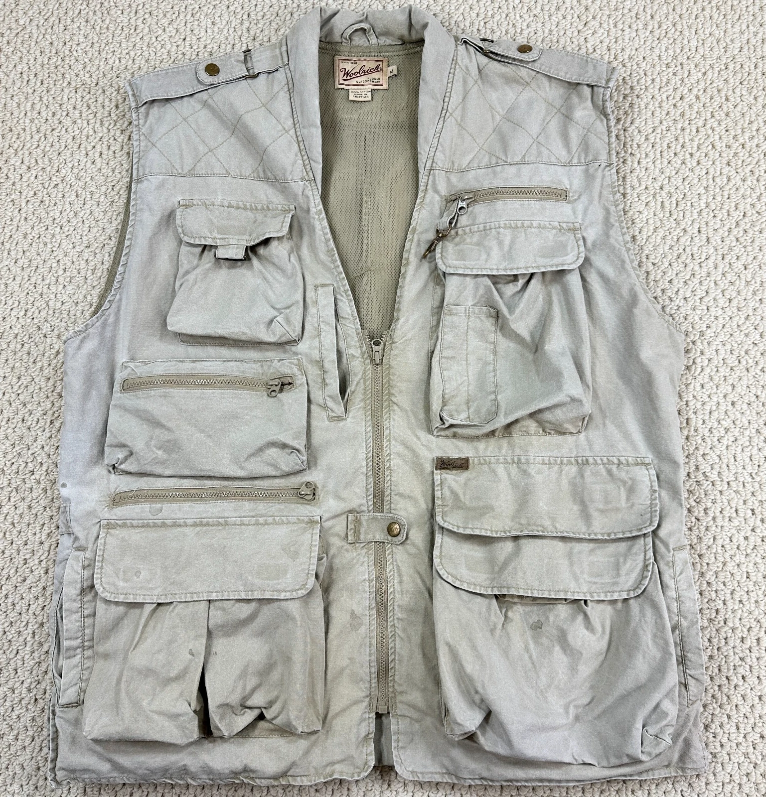 Woolrich Vest Mens XL Khaki Safari Hunting Tactical Utility Full Zip Distressed