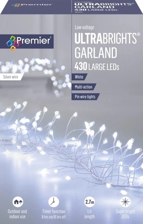 430 LED UltraBrights Multi-Action Christmas Garland Silver Wire Lights WHITE