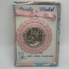 Vintage Guardian Angel Crib Cradle Medal Pink Baptism Gift New In Box Silvertone