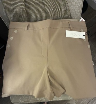 Rachel Zoe Women's Beige Solid Chino Shorts Flat Front Button Accents