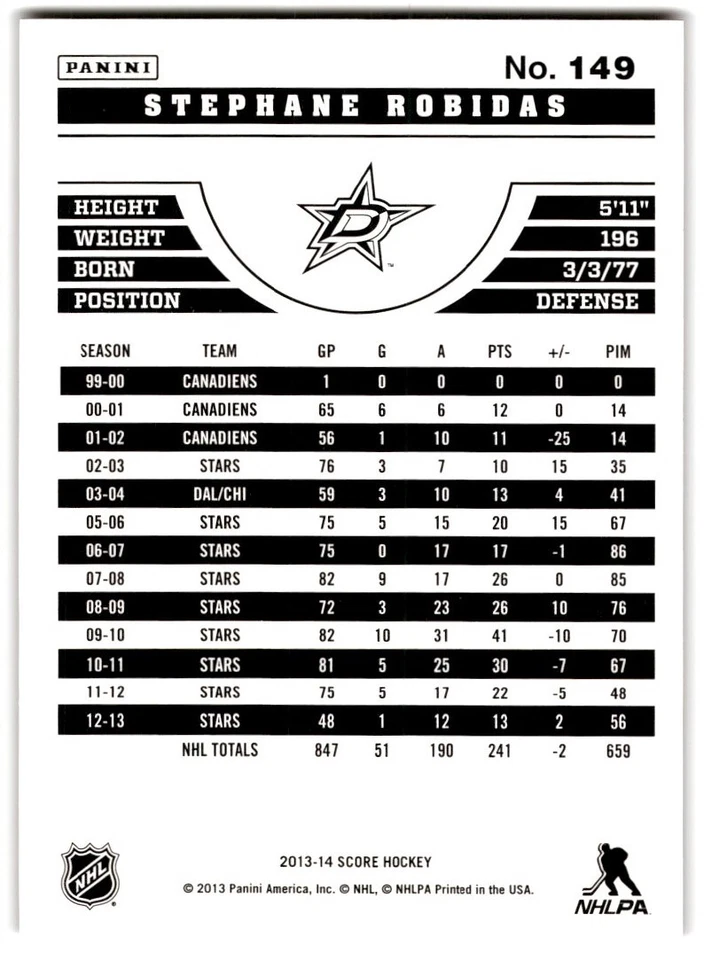 2013-14 Score Gold Stephane Robidas #149 Dallas Stars - Image 2 of 2