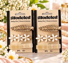 2x Modeled Bobby Pins Hair Clips 6PC Gold Leaf Daisy Flower Pearl Barrettes 2.5