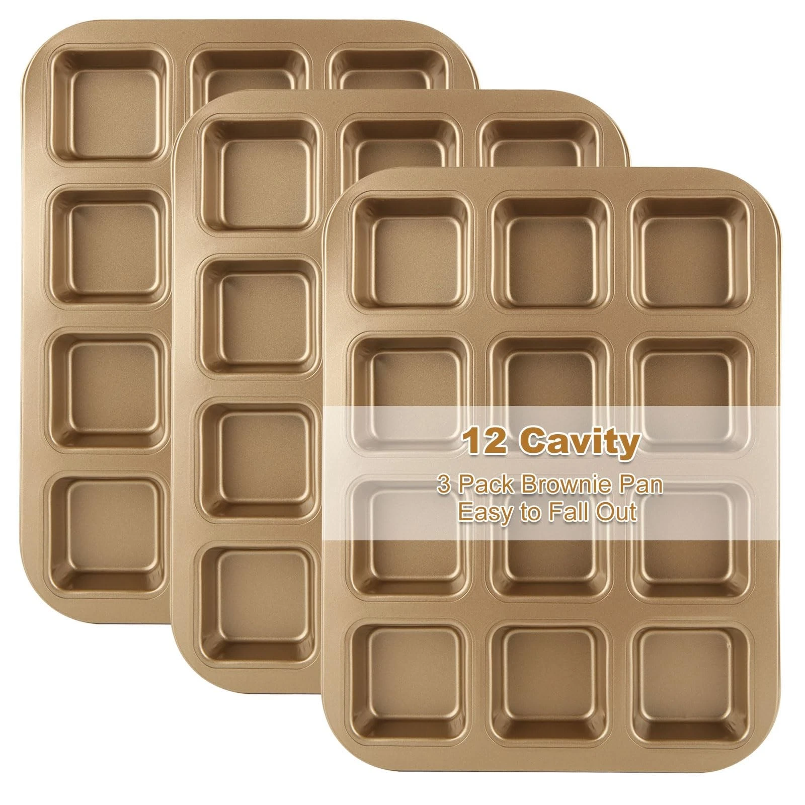 YAYODS 3 Pack Brownie Pan with Dividers 12 13.98 ×10.63 ×1.18 inch, Gold
