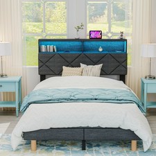 NEW STORAGE HEADBOARD UPHOLSTERED BED FRAME 4FT6 DOUBLE WITH DIMMABLE RGB Poblam