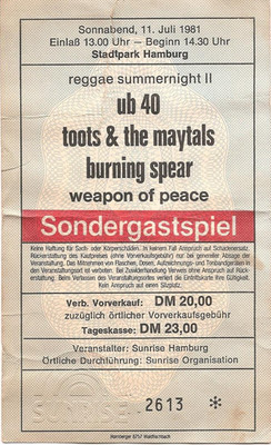 UB 40 , Burning Spear In Concert 1981 Hamburg Ticket/Konzertkarte/Eintrittskarte
