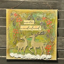 Primitive Handmade Winter Wonderland Mixed Media 8x8" Canvas OOAK