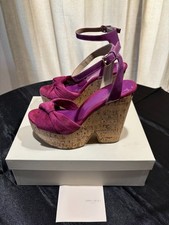 Jimmy Choo Gleam Orchid/Cyclamen Suede  Patent Leather Cork Wedge Sandals 36.5