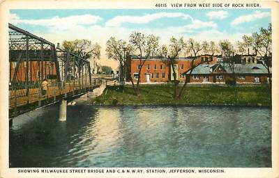 Wisconsin, WI, Jefferson, West Side of Rock River, Bridge & RR Station 1920's PC