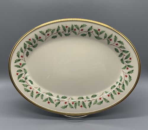 Lenox Dimension Holiday Christmas Holly Gold Trim China 14" Serving Platter