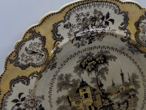 RARO Circa 1830 Villa Bi Color Marrón Amarillo Transferware Plato John Ridgway - Imagen 22 de 24
