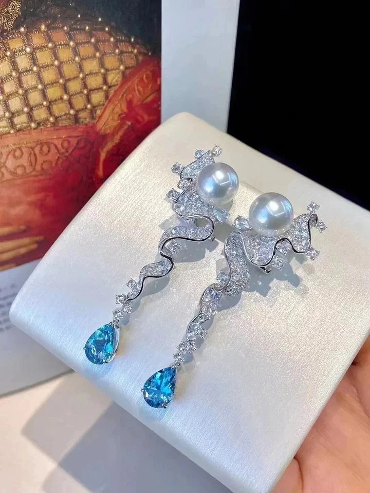 5Ct Round Cut Lab-Created White Pearl Drop/Dangle Earrings 14K White Gold Plated - Image 4 of 4