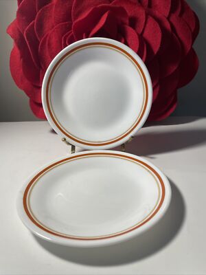 CORELLE  chestnut Dessert Bread 6-3/4'' Plates (2)Rust & Tan Band Lines Cinnamon