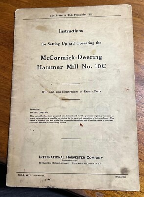 1940 McCormick-Deering Hammer Mill No. 10C Instructions International Harvester