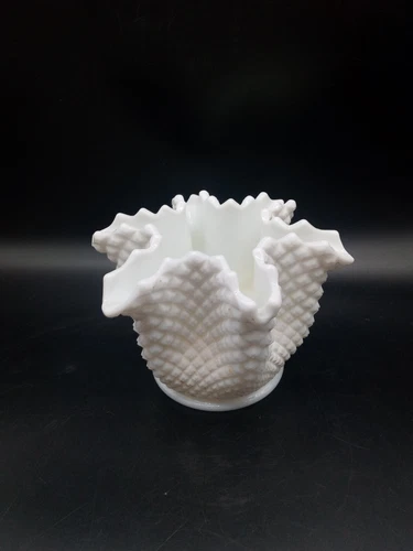 VTG Westmoreland Milk Glass English Hobnail Diamond Deep Crimp Pinched Vase