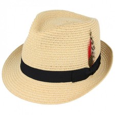 Unisex Straw Crushable Foldable Summer Trilby Hat  with Removable Feather