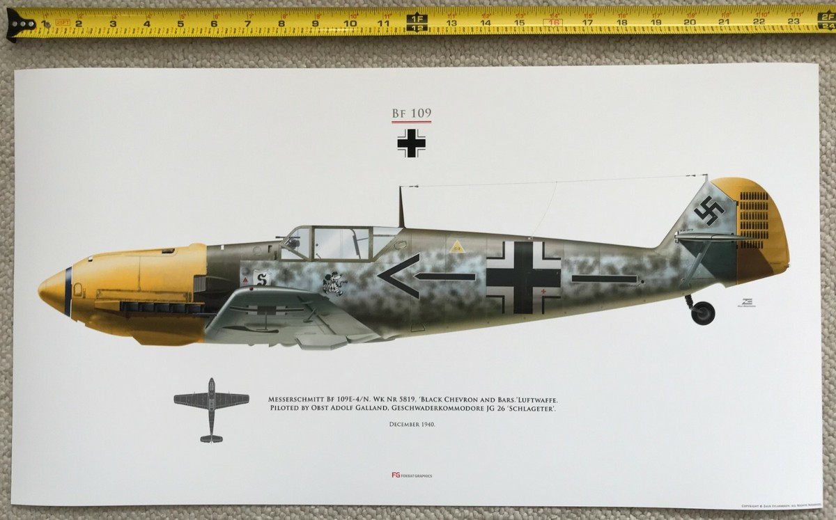 Messerschmitt Bf 109 original aviation profile art print. New