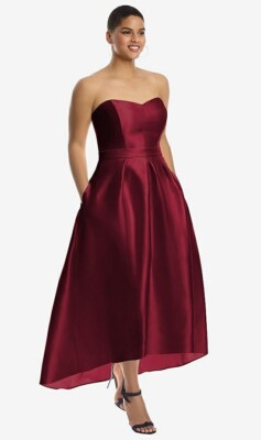 alfred sung strapless satin high low dress with pockets Alfred Sung Strapless Satin High Low Dress with Pockets