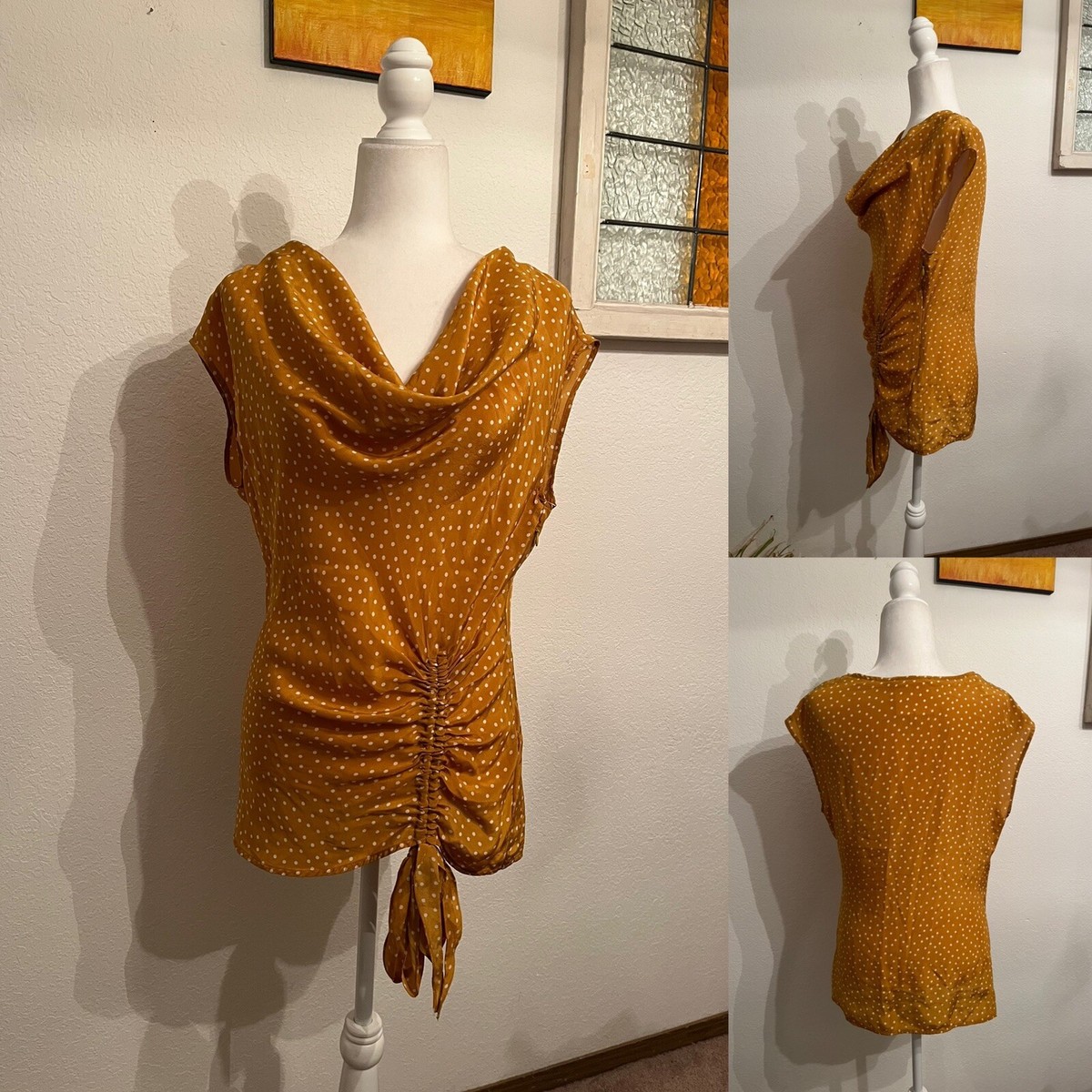 Maeve Anthropologie Gold Polka Dot Drape Neck Top Wm 100% Silk