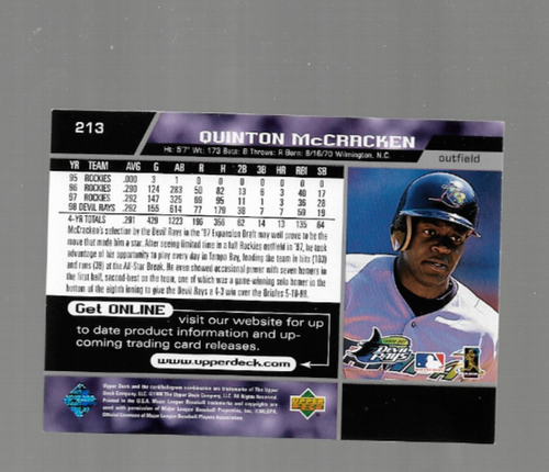 Quinton McCracken 1999 Upper Deck Series 1 #213 Tampa Bay Devil Rays - Picture 2 of 2