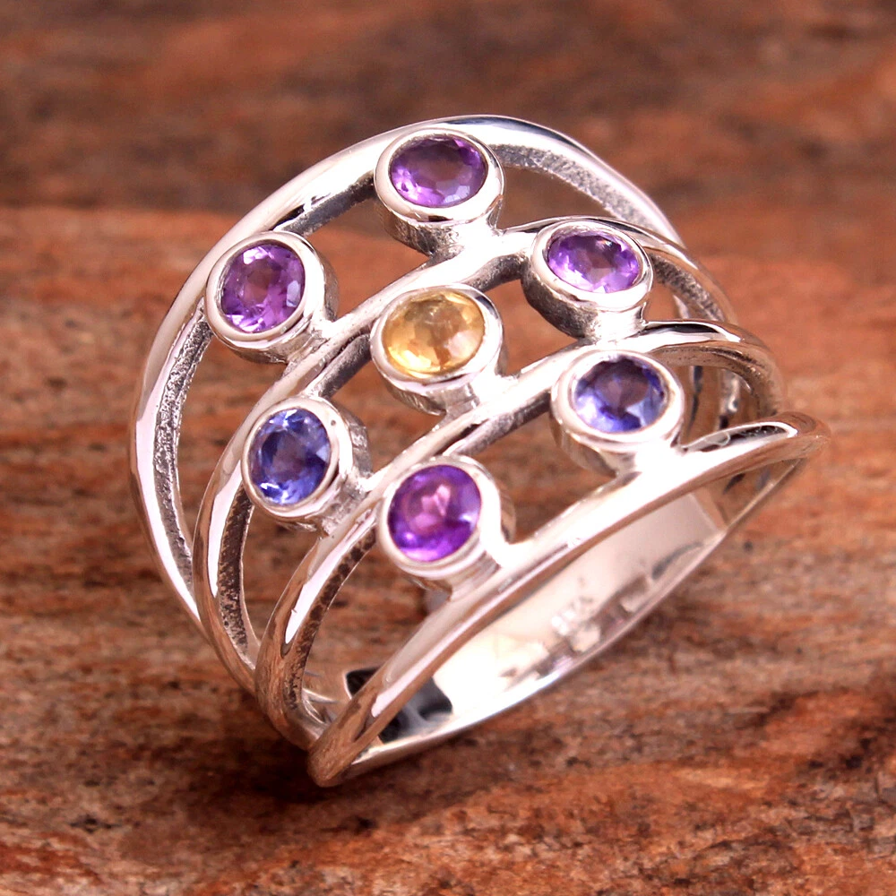 7 Stone Chakra Ring Healing Jewelry 925 sterling Silver Ring Size