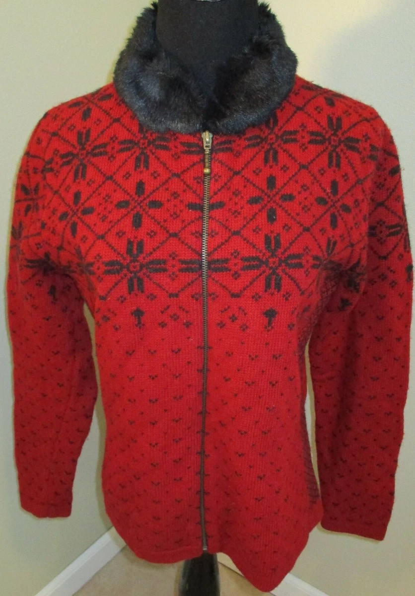 Maurices Thick Red Black Fur Collar Zip Front Cardigan Sweater