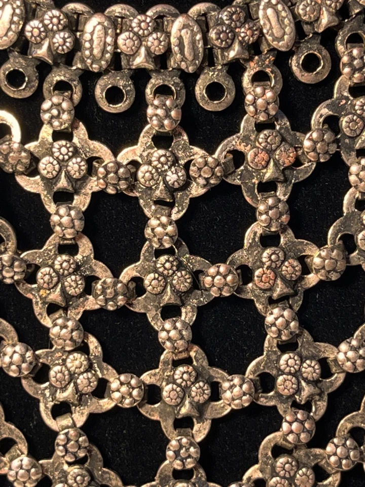 Vtg Mesh Flower Dangling Bells Necklace Bib Collar Gypsy Statement Ethnic 17.5 " - Image 4 of 4