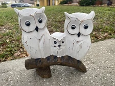 SET OF OWLS ON BRANCH HAND CARVED WOOD TROPICAL SCULPTURE BIRD DECOR