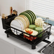 Dish Drainer Rack with Drip Tray, Sink Dish Drainer with Drainage Spout, Stain..