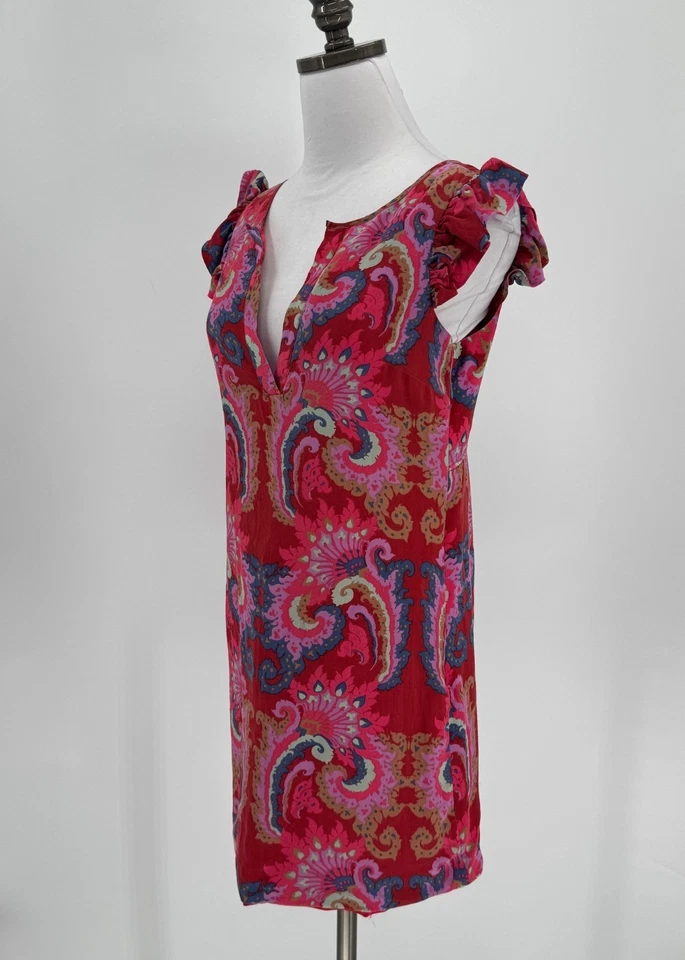 Tibi Red Floral 100% Silk V Neck Ruffle Sleeve Short Mini Dress Size 6 - Image 2 of 4