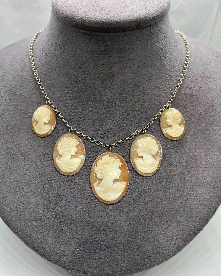 Collana In Argento 925 Con Cammei In Conchiglia Corniola 30/25/20mm Ovali - Immagine 2 di 4