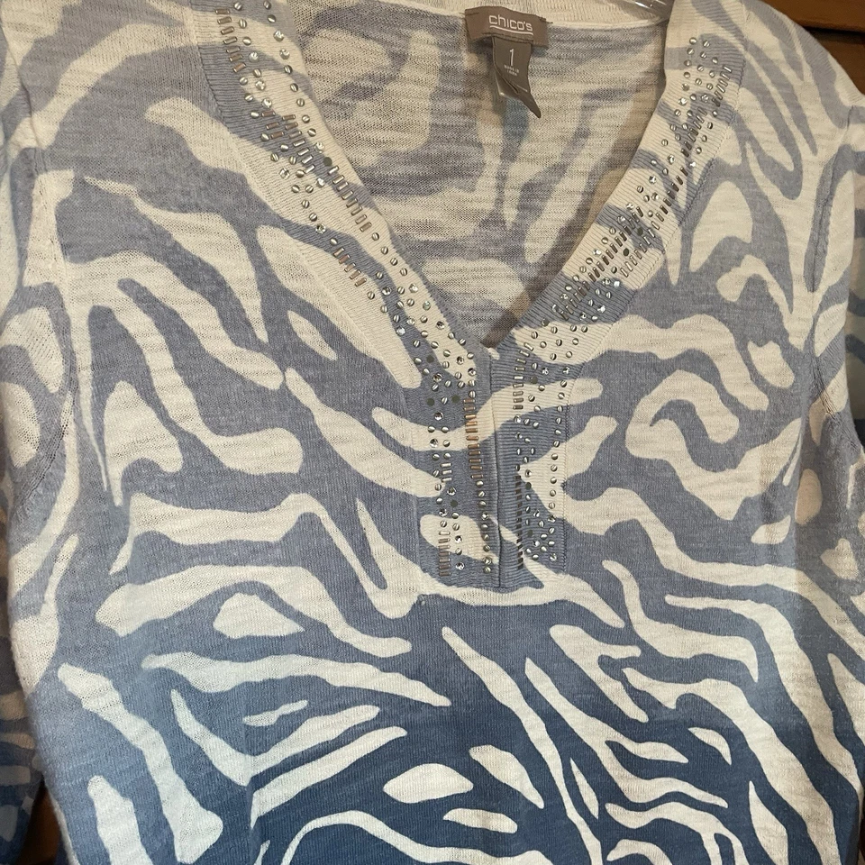 Suéter Chico's Talla Mediana Algodón Ligero Azul Ombre Cebra Animal Print Foto 2 de 4