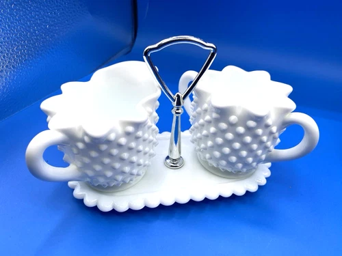 Vintage Fenton Hobnail Milk Glass Sugar Bowl and Creamer Set With Tray