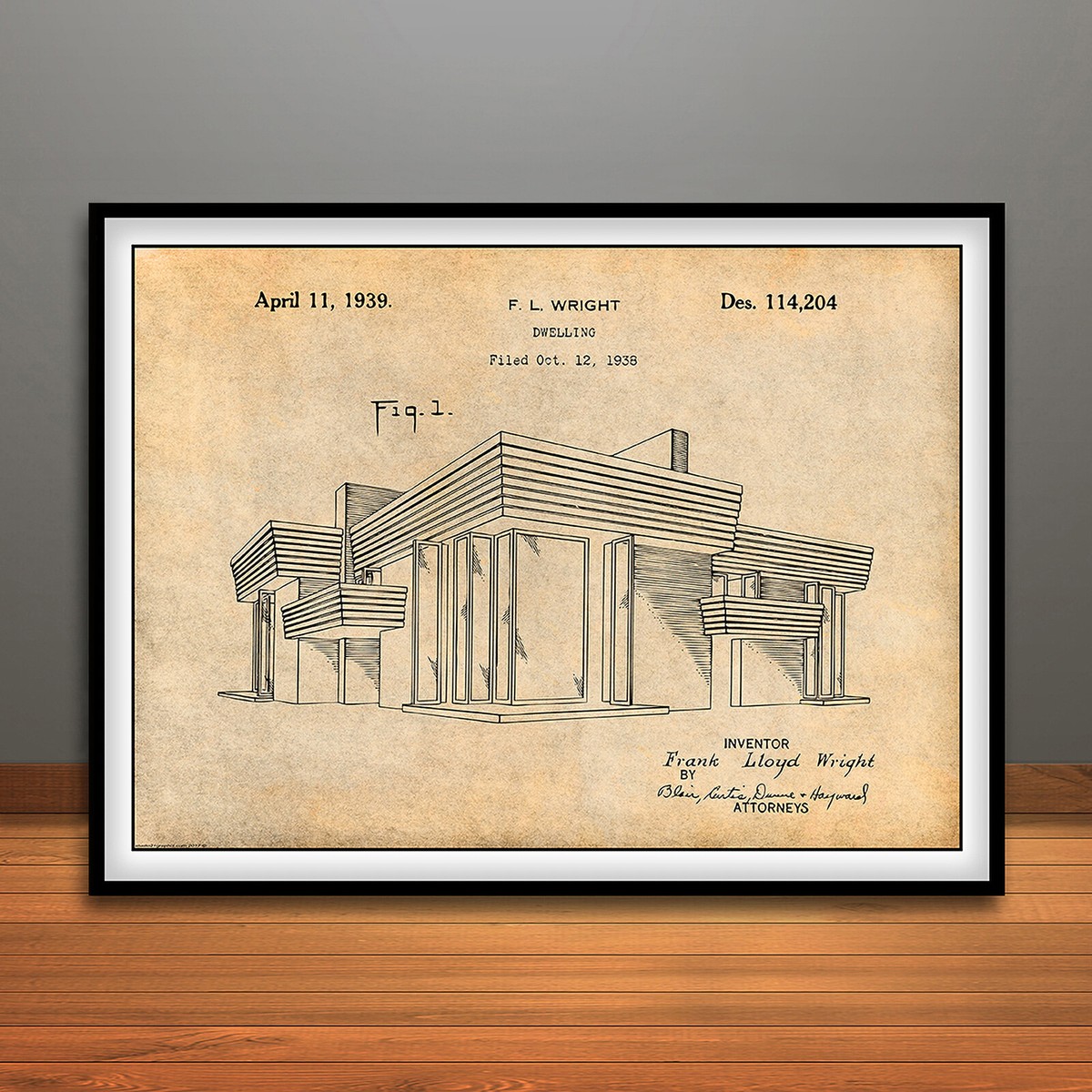 1938 Frank Lloyd Wright House Dwelling Patent Print Art Drawing