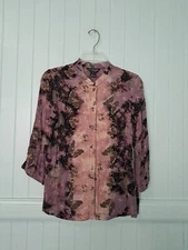 Vintage Citron Santa Monica Butterfly Print Blouse XS S Rayon Purple 3/4 Sleeve 