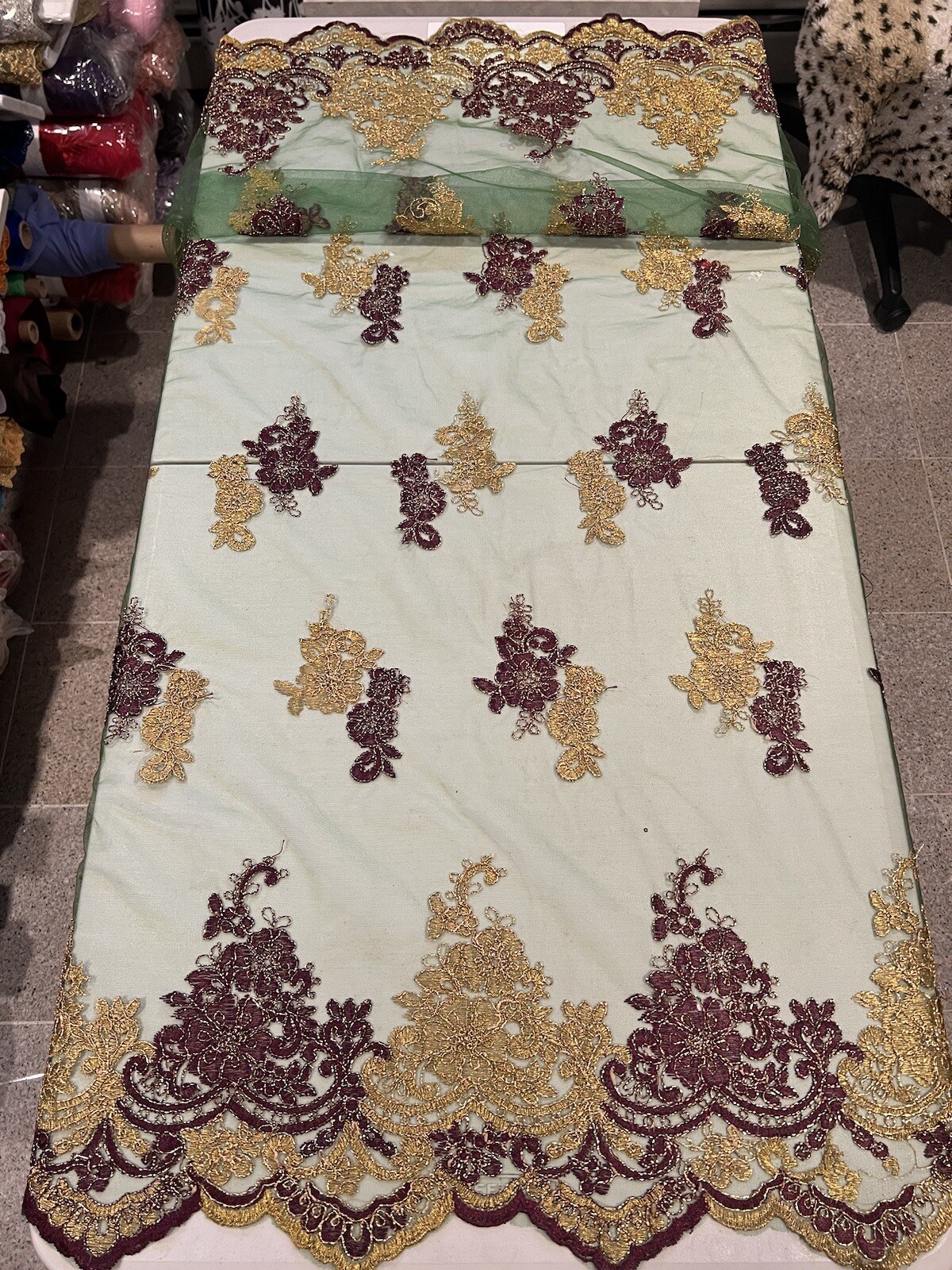 Green Gold Burgundy Metallic Embroidery Lace Fabric 50&rdquo; Width 1.25 Yard