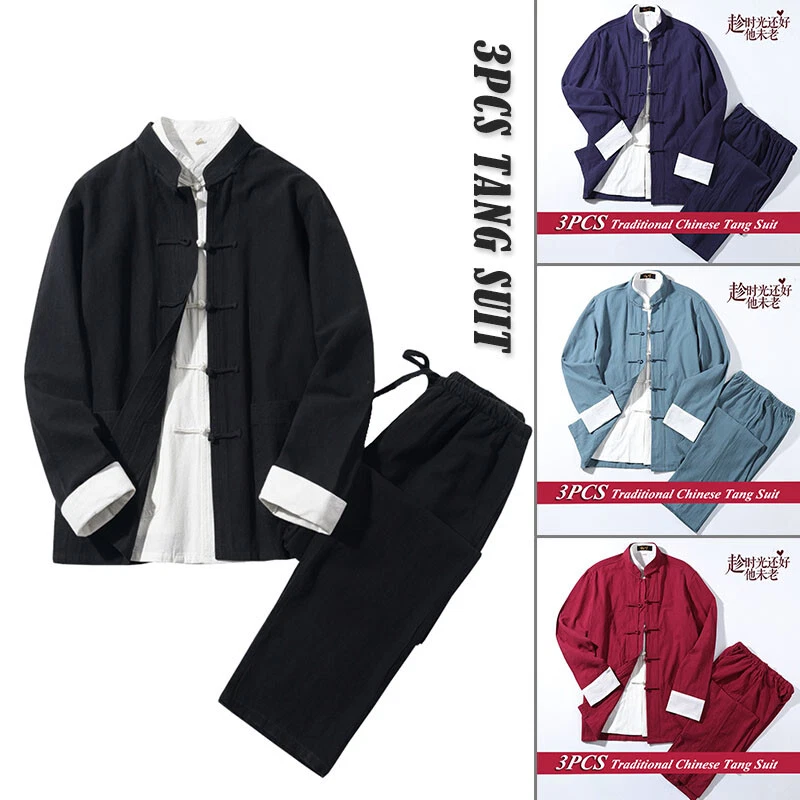3pcs Men Traditional Chinese Tang Suit Jacket Bruce Lee Wingchun Kung Fu Uniform