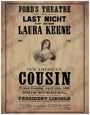 FORD'S THEATER POSTER Apr 14 1865 Our American Cousin Lincoln Assassination RP 