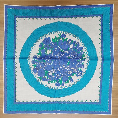 Vintage Emilio Pucci Florence Italy Cotton Scarf Blue Floral Mod 16.5  Hand Roll