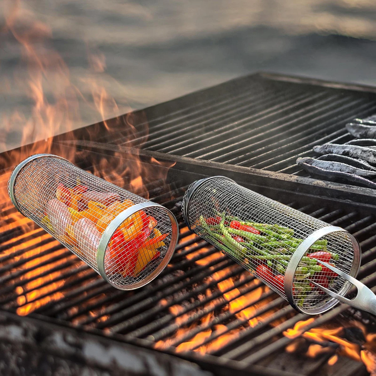Cylinder Grilling Basket Steel Barbecue Net Vegetables Meat BBQ