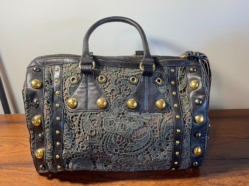 NWT Big Buddha Black Satchel Green Lace Handbag Purse Gold Beads Tassel Vintage - Picture 12 of 20