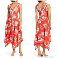 VINCE CAMUTO Red Floral Print Midi Dress Sleeveless A-Line Fit & Flare Sz 4 New