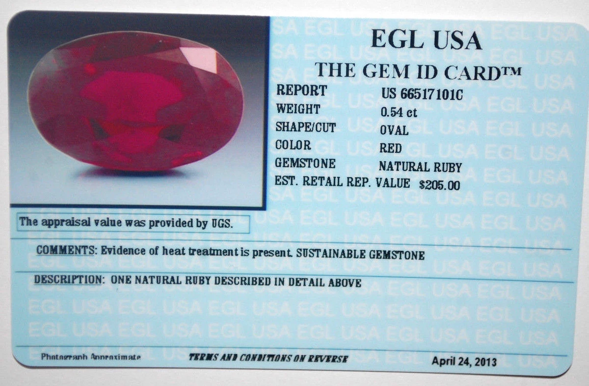 EGL USA CERTIFIED OVAL CUT RED NATURAL RUBY 0.54 CT APPRAISED VALUE 205.00