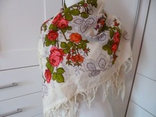 RUSSIAN SCARF SHAWL CREAM WITH PINK ROSES WOOL NEW
